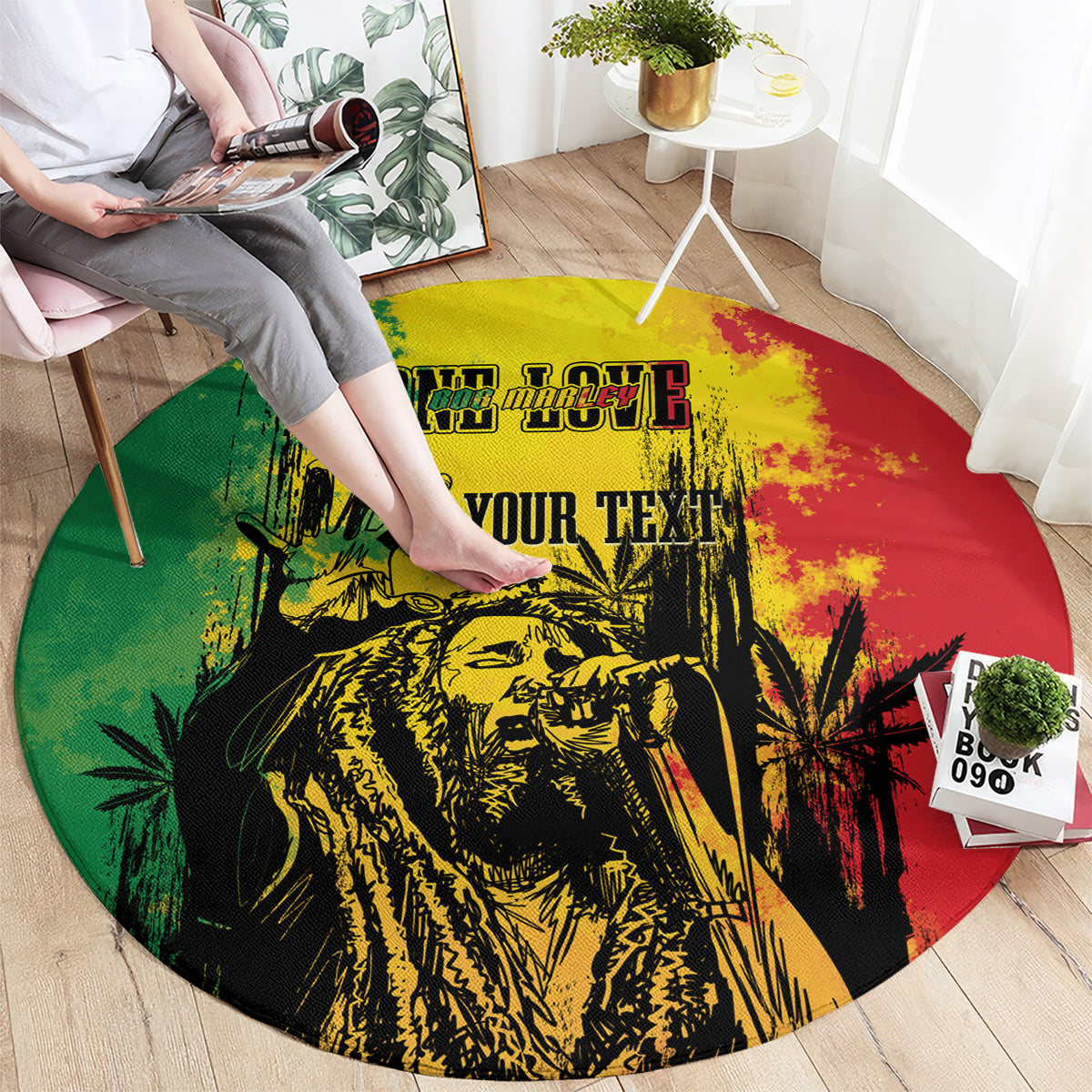 Round reggae grunge rug, multicolor print with black art and centered “YOUR TEXT”