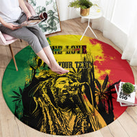 Round reggae grunge rug, multicolor print with black art and centered “YOUR TEXT”