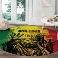Round reggae grunge area rug showing green, yellow, and red with bold black “YOUR TEXT”