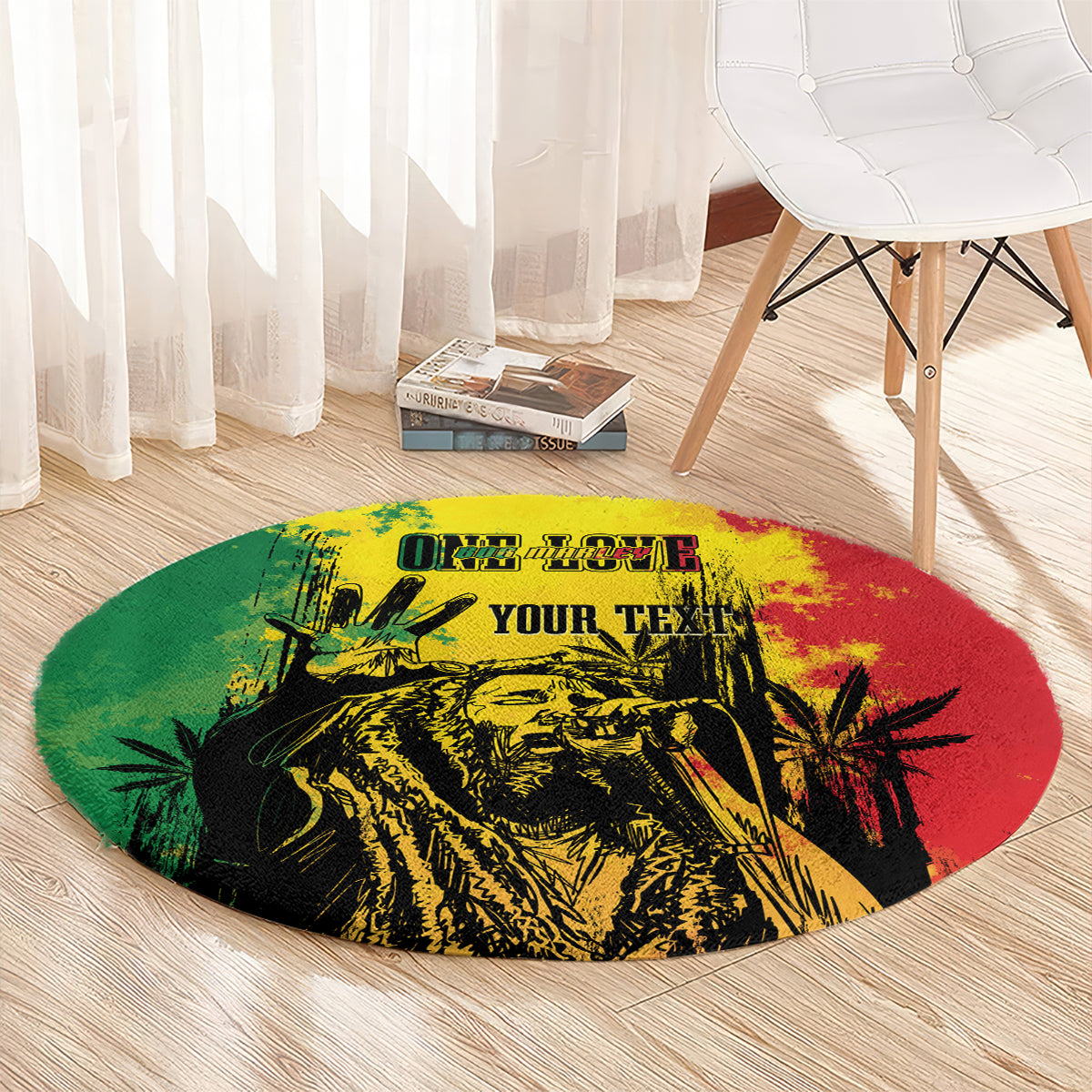 Round reggae grunge rug with green, red, and yellow splash print and black “YOUR TEXT”