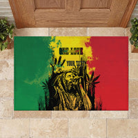 Personalized doormat, green/red with yellow 'ONE LOVE' and 'YOUR TEXT' lettering