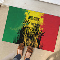 Rubber entry doormat in green and red with lion artwork, 'ONE LOVE' and 'YOUR TEXT'