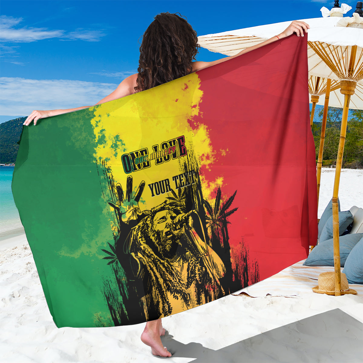 Personalized sarong with reggae grunge portrait in green, red, and yellow graphic print.