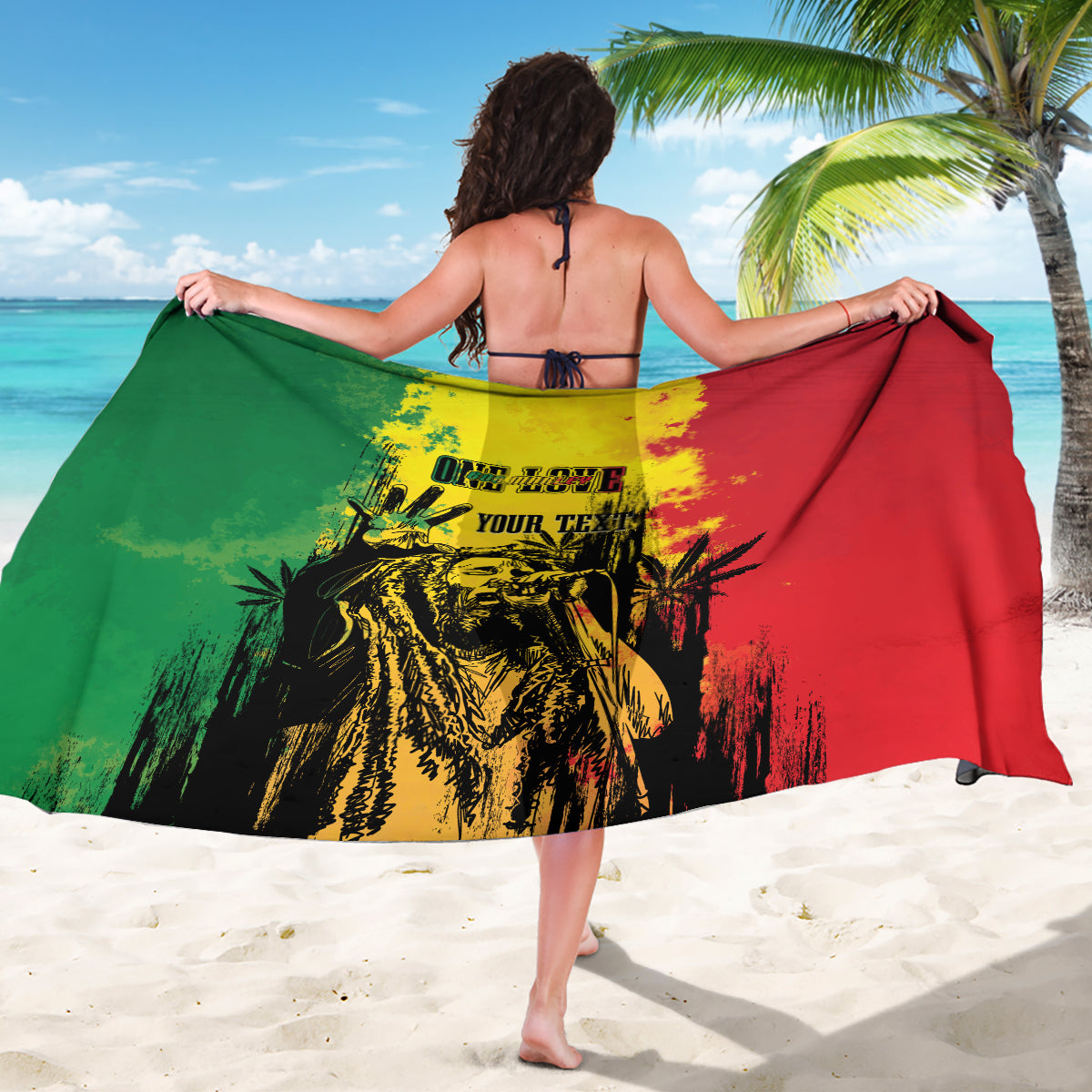 Sarong wrap worn as a skirt, reggae grunge portrait graphic in green, red, and yellow.