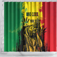 Reggae grunge shower curtain with bold black text and central portrait on green-yellow-red