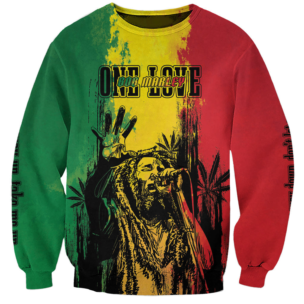 Personalized sweatshirt with front reggae-style graphic, long sleeves, crew neck