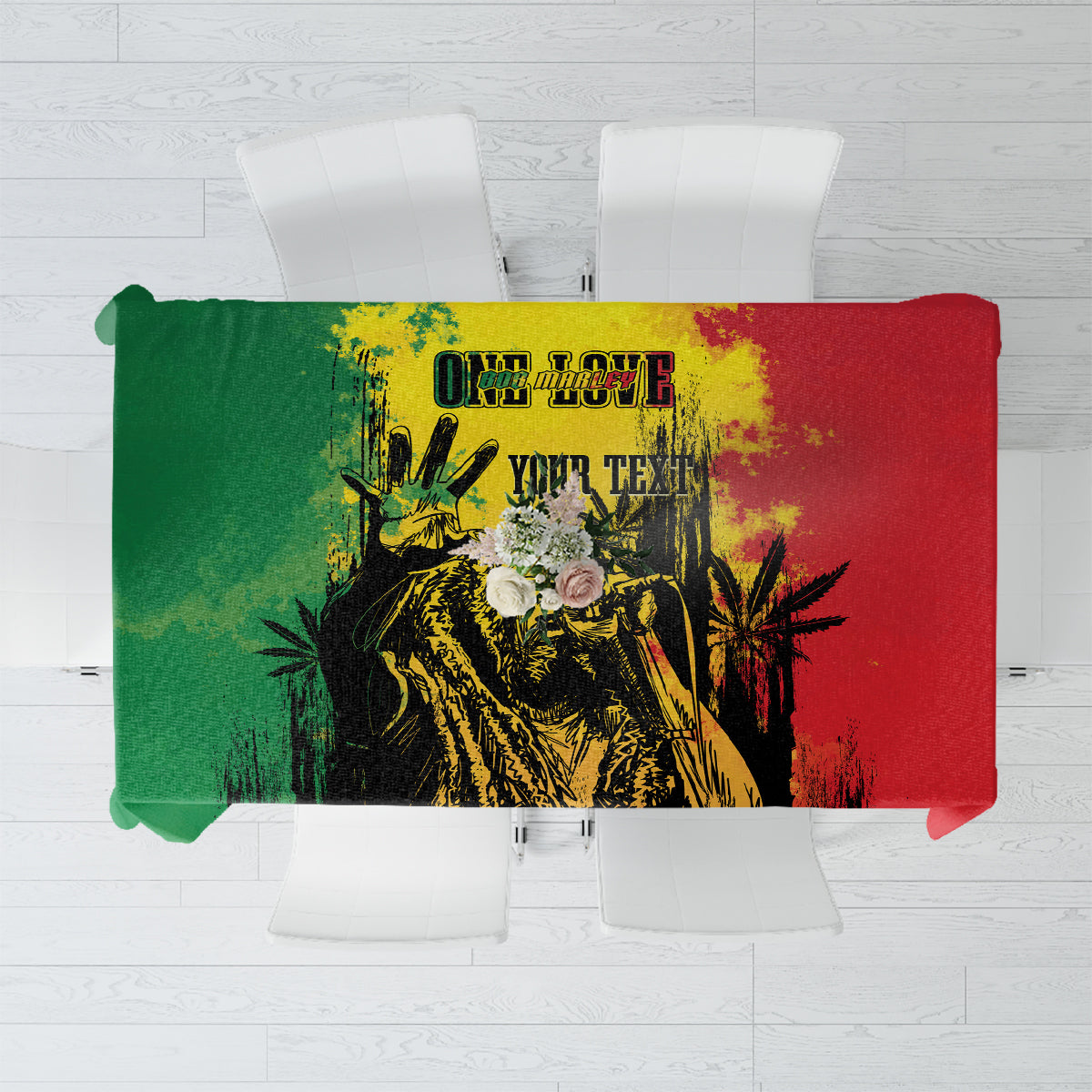 Square tablecloth with green, yellow, red grunge portrait and flower accents