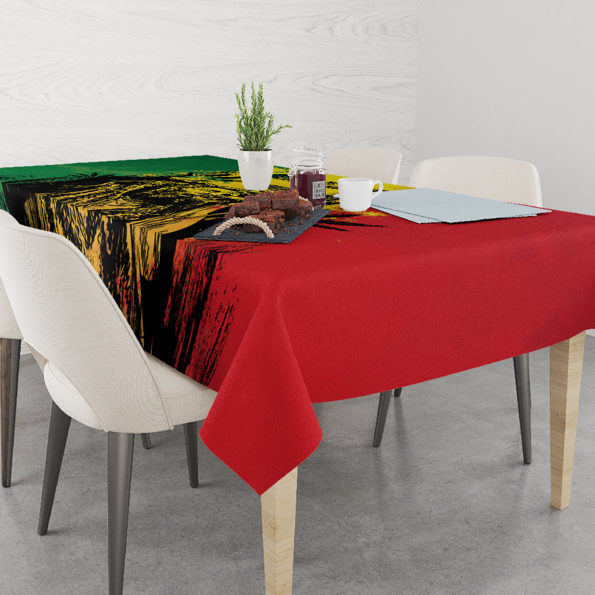 Tablecloth over dining table: split green and red grunge strokes with black and yellow details