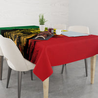 Tablecloth over dining table: split green and red grunge strokes with black and yellow details