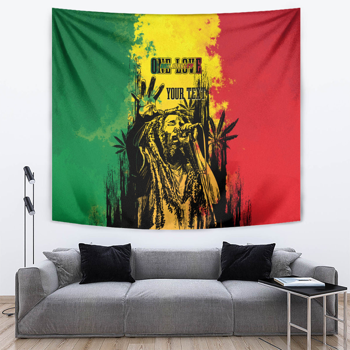 Personalized reggae grunge tapestry wall hanging with portrait in yellow, black, green, and red.