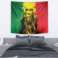Reggae grunge personalized tapestry wall hanging with portrait artwork in black, yellow, green, and red.
