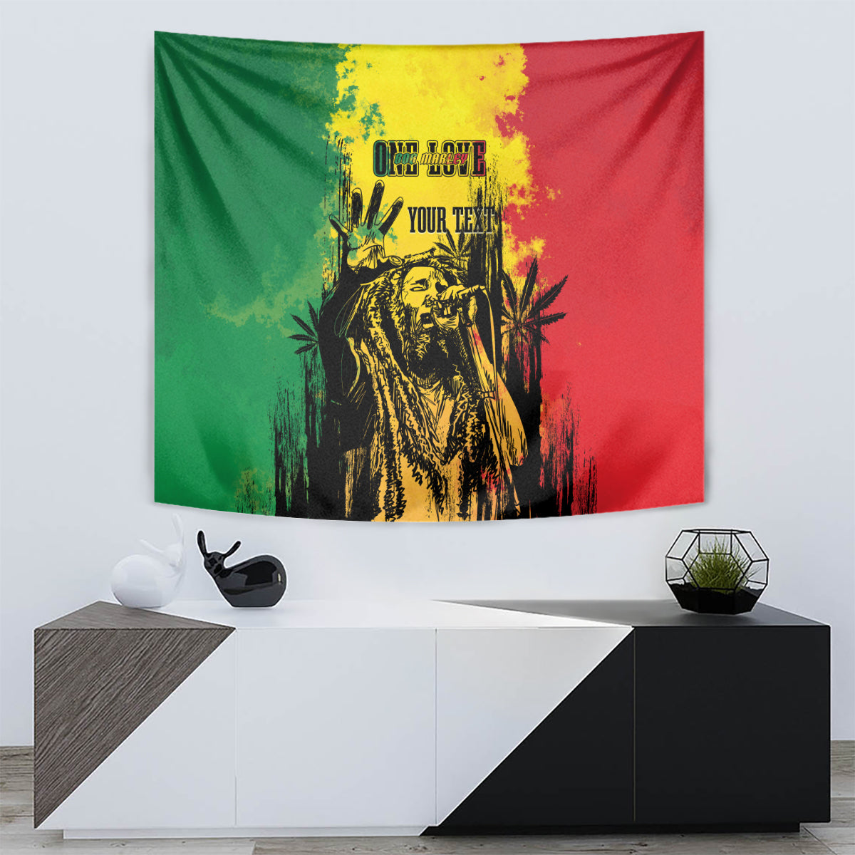 Personalized reggae grunge tapestry featuring a golden portrait design on green and red background.