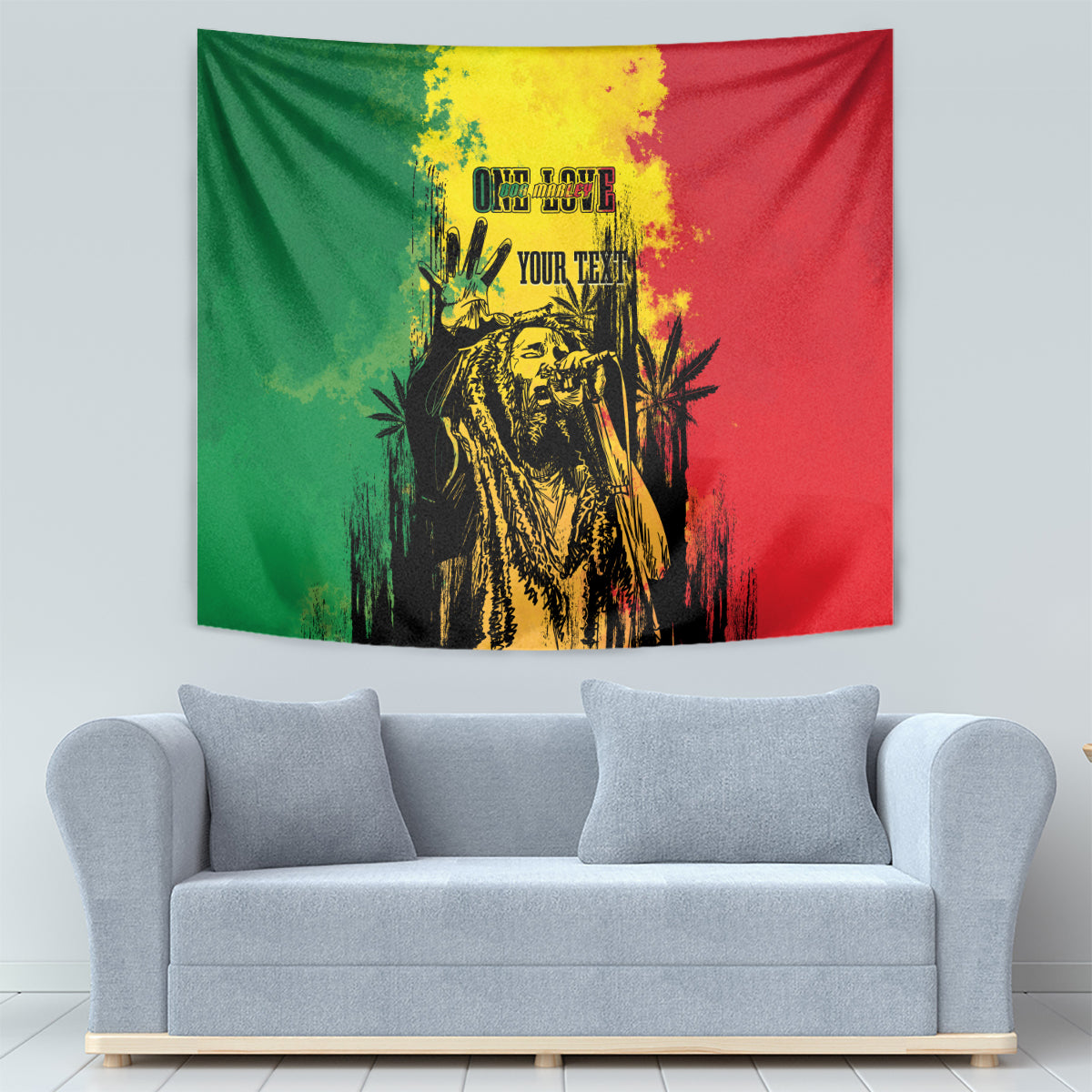Reggae grunge personalized wall tapestry with portrait graphic in black, yellow, green, and red.