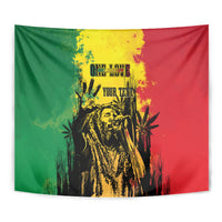 Personalized reggae grunge tapestry with centered portrait art and text on green, yellow, and red.
