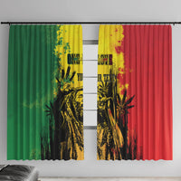 Window curtain pair with green and red panels, yellow splash print and black graphic art.