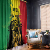 Window curtain pair with bold reggae-style artwork, green left and red right, yellow accents.