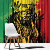 Window curtain pair with large black-and-yellow portrait print, green left and red right panels.