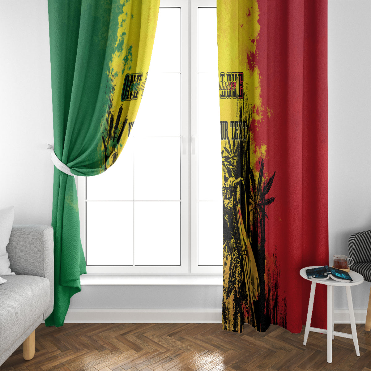 Window curtain pair draped on rod, green and red with yellow splatter and black botanical prints.