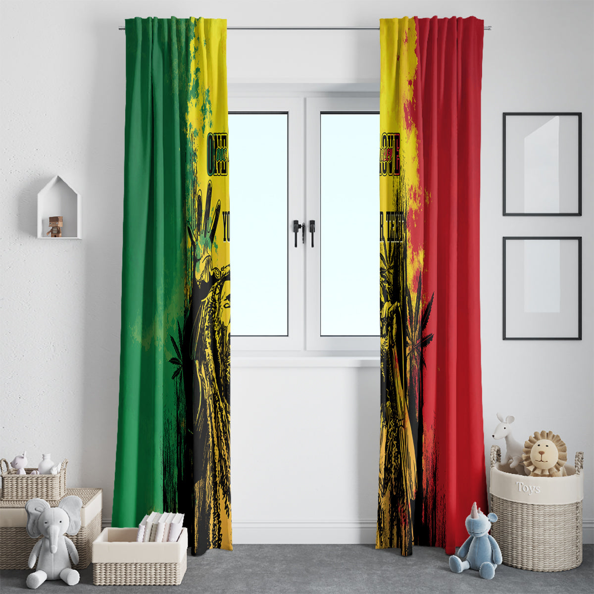 Window curtain pair hanging on door window, green and red panels with yellow splash center design.