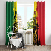 Window curtain pair with top rings, green left and red right, yellow artwork with black splatter.