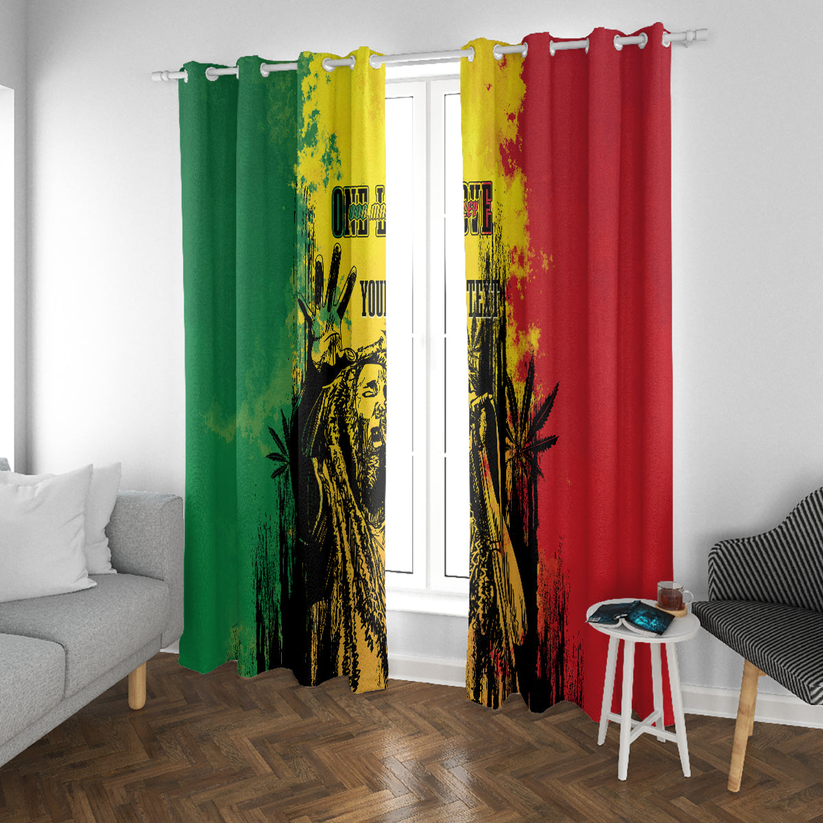 Window curtain pair with looped top rings, green and red panels, yellow splash and black spray art.