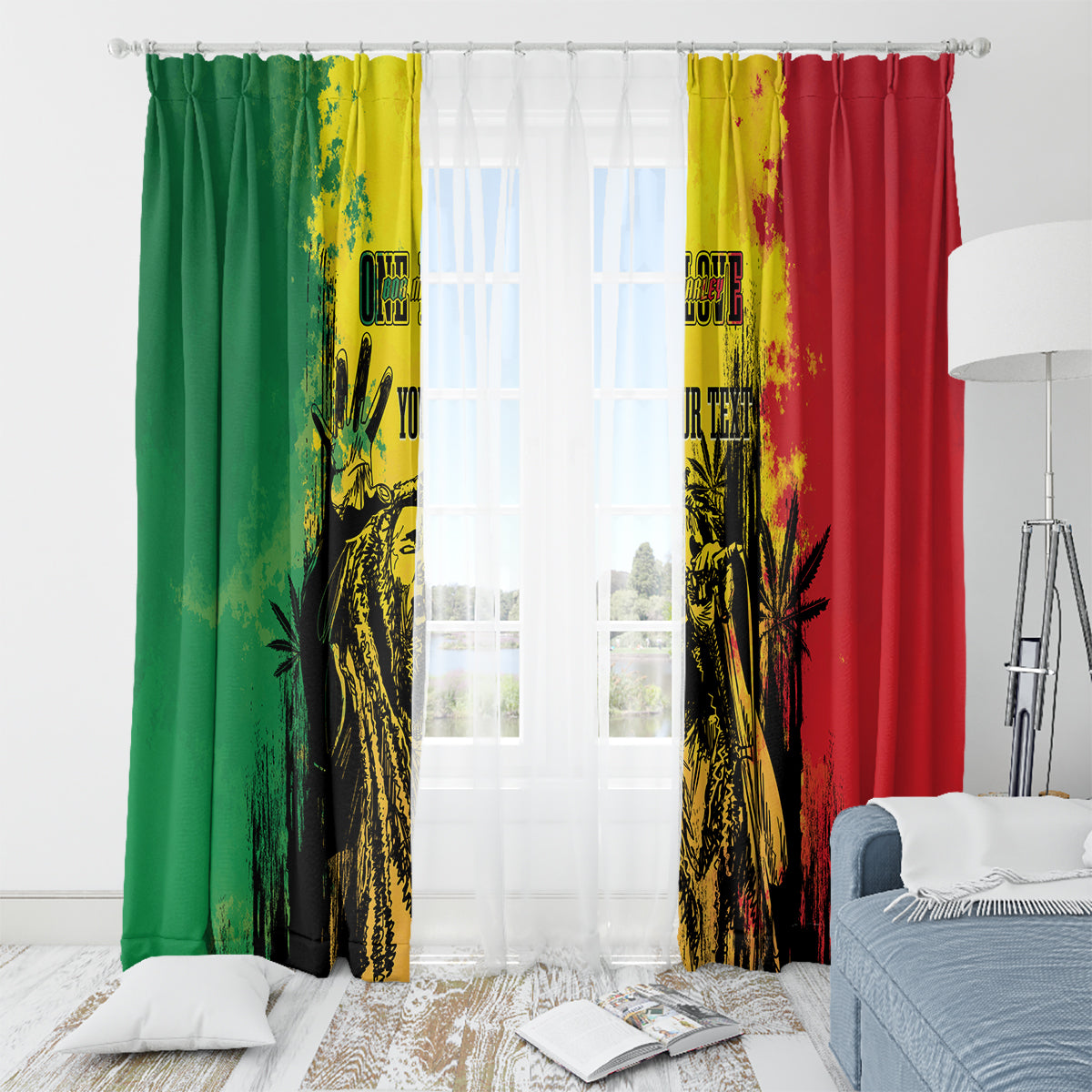 Window curtain pair with top rings, green and red sides, bright yellow-and-black graphic print.