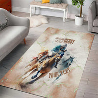 Beige personalized horse racing area rug with jockey horses and 'YOUR TEXT' 151st Derby