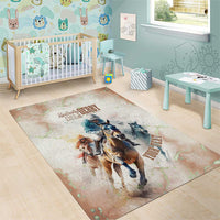 Beige personalized horse racing area rug with horses artwork and 'YOUR TEXT' 151st Derby