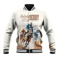 Beige baseball jacket with striped ribbed collar, button front, and horse race graphic