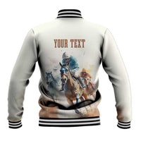 Beige baseball jacket back with striped collar, 'YOUR TEXT', and horse race artwork
