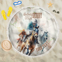 Round beach blanket with fringe edge, beige base, horse racing artwork center