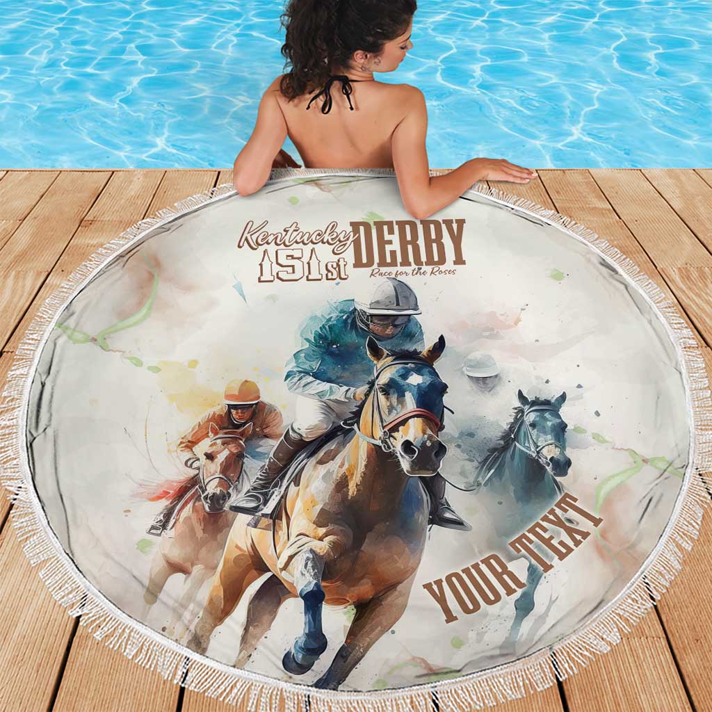Round beach blanket with fringe edge featuring horse-racing illustration on wooden deck