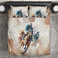 Beige horse racing themed bedding set with jockey and horse graphic on duvet and pillows