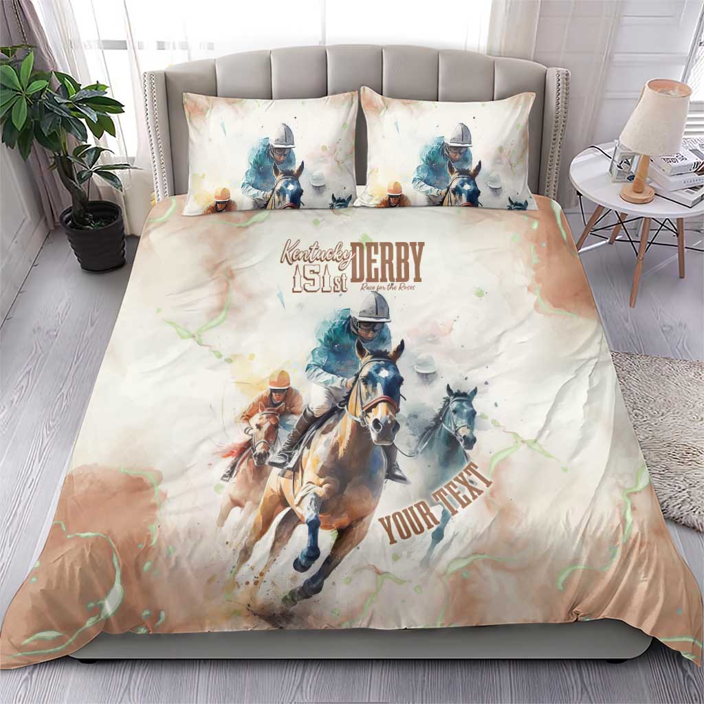 Beige horse racing bedding set with jockey, horses, and event lettering on duvet and pillows