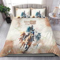 Beige horse racing bedding set with jockey, horses, and event lettering on duvet and pillows