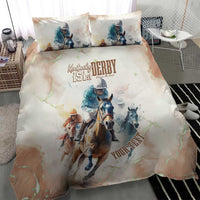Beige horse racing bedding set showing jockey and horses with decorative splatter design