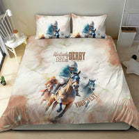 Beige horse racing bedding set with jockey and horse artwork centered on duvet and pillowcases