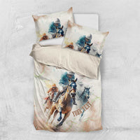 Beige horse racing bedding set with jockey-and-horse print on duvet and matching pillowcases
