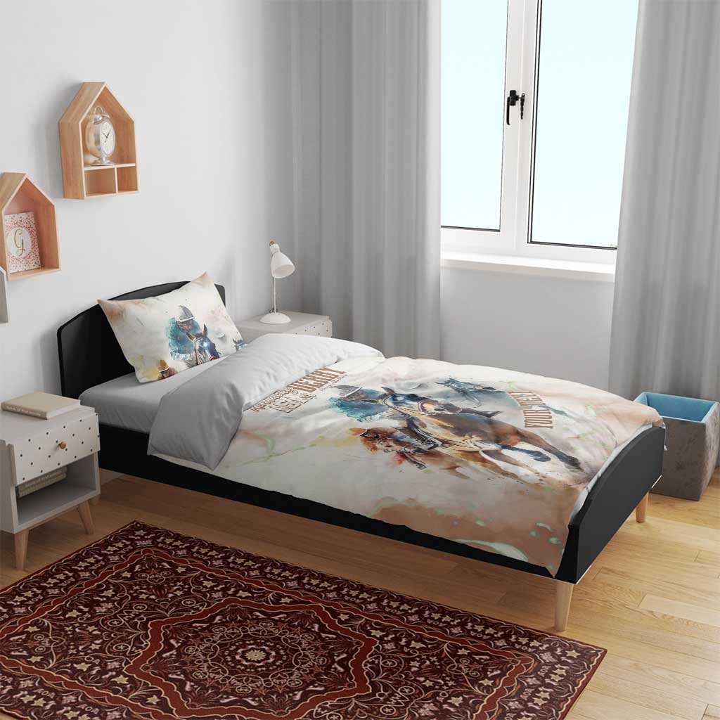 Beige horse racing bedding set displayed on bed with jockey and horse graphic on duvet