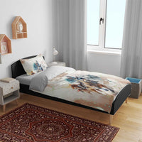 Beige horse racing bedding set displayed on bed with jockey and horse graphic on duvet