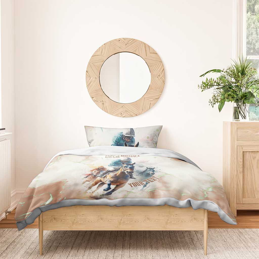 Beige horse racing bedding set with jockey and horses printed across duvet and pillowcase