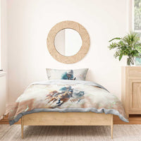 Beige horse racing bedding set with jockey and horses printed across duvet and pillowcase