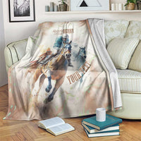 Beige horse racing themed blanket with Derby 151st logo, riders, and colorful graphic art