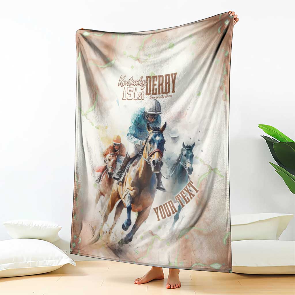 Beige horse racing blanket draped with Kentucky Derby 151st text and running horses