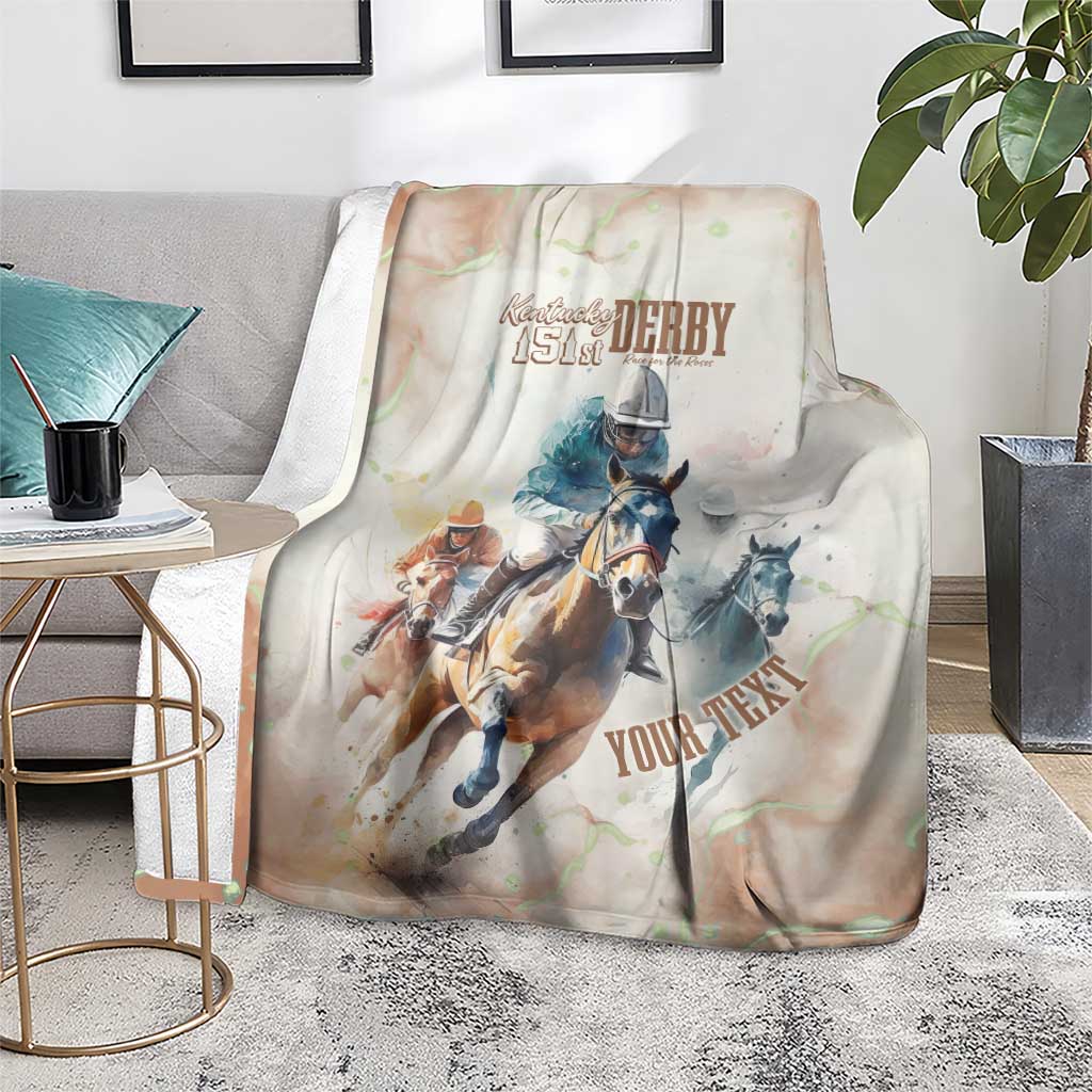 Beige horse racing blanket on chair with Derby 151st artwork and “YOUR TEX…” text
