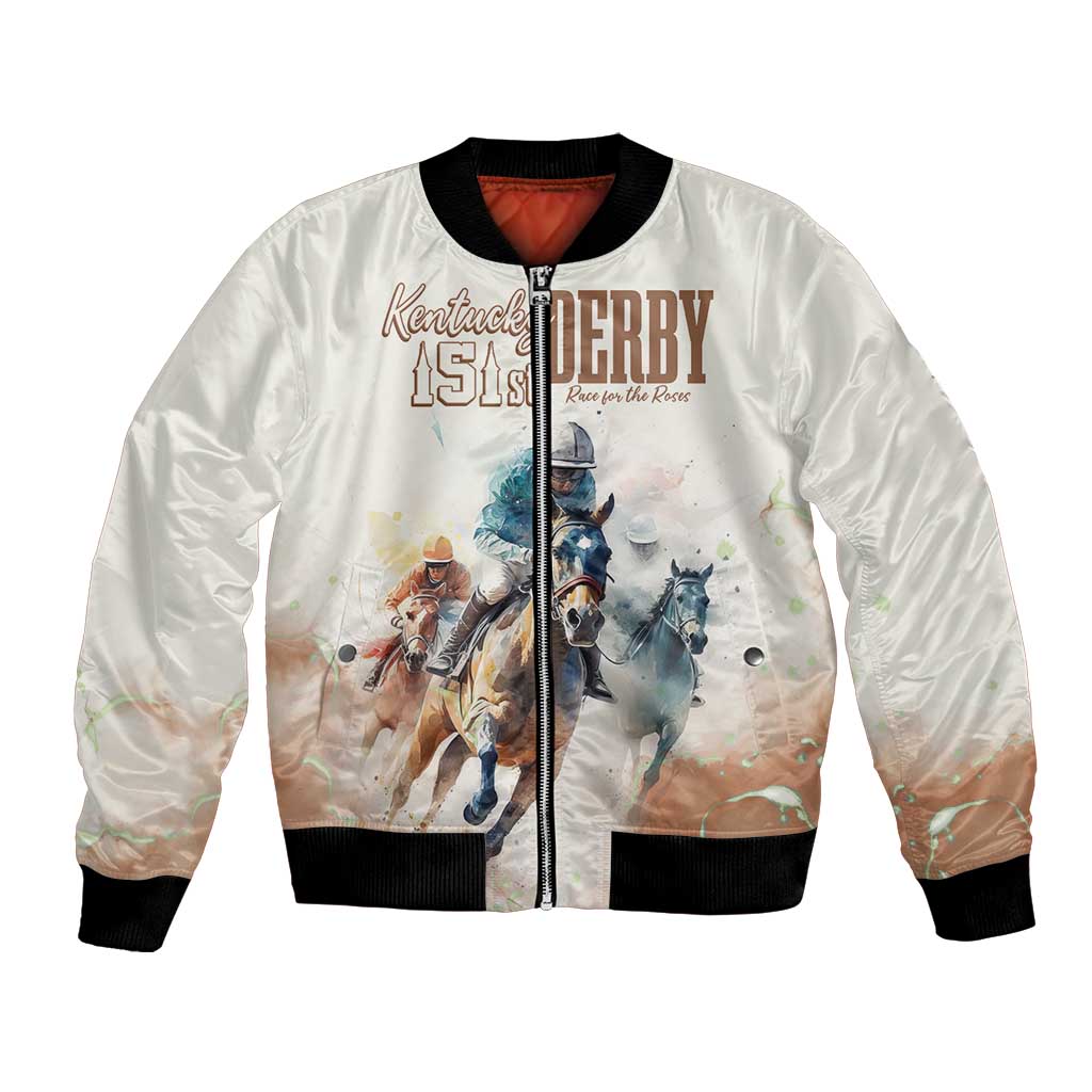 Beige bomber jacket with full-zip front, black rib trim, horse race graphic on chest