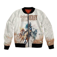 Beige bomber jacket with full-zip front, black rib trim, horse race graphic on chest