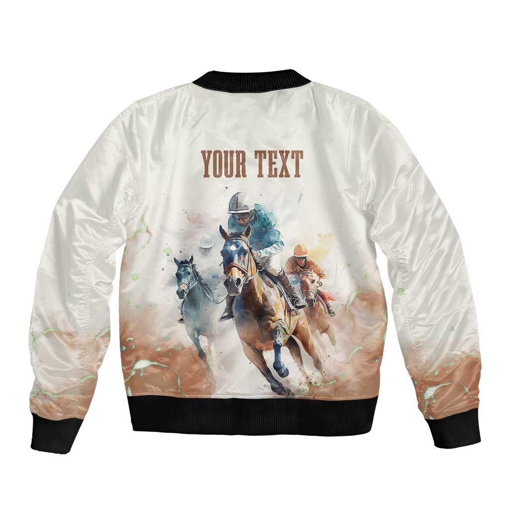 Beige bomber jacket with black rib trim and horse-race graphic, 'YOUR TEXT' on back