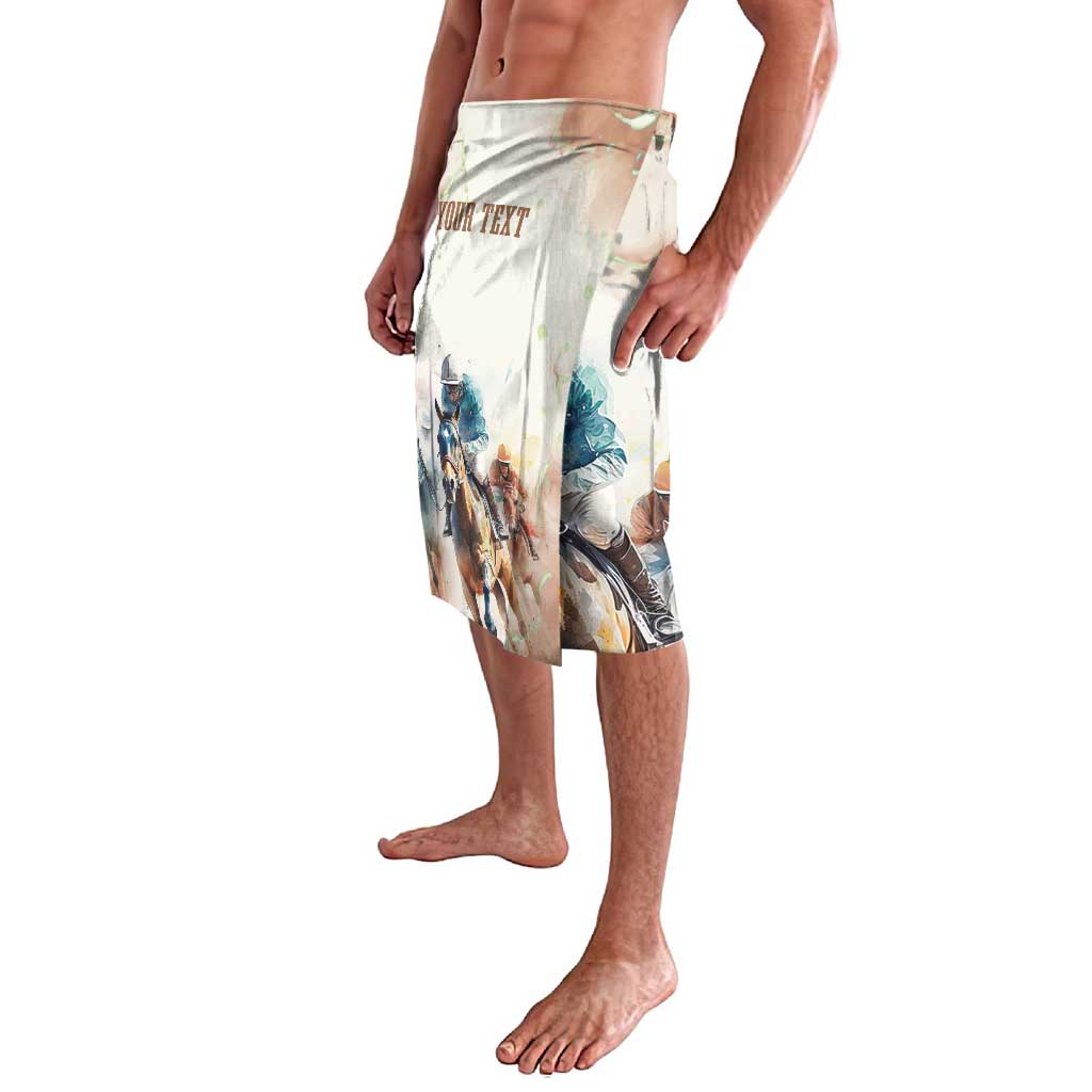 Personalized horse racing lavalava, beige side with blue horse riders graphic, elastic waistband