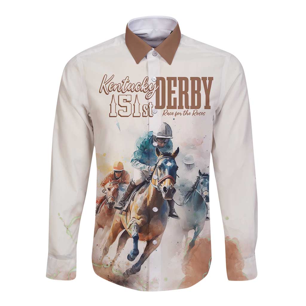 Beige long-sleeve button shirt with front Kentucky Derby 151st race graphic